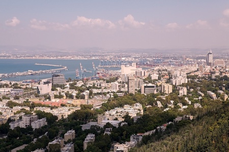 Haifa town view with stadium, harbour and seascape, Israelのeditorial素材