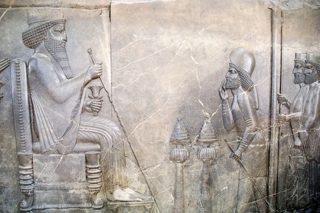 The King on the throne  frieze of tale from the Apadana Palace at the Persepolis, the capital of the Achaemenid Empire, 550-330 BC, Iranのeditorial素材