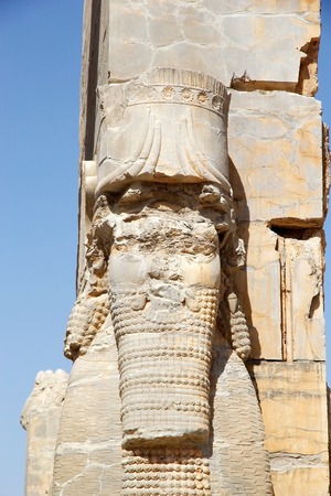 Lamassu at the Gate of All Nations, Persepolis, Iran. The entrance of the Western wall reflect the Empire's power. A pair of Lamassus, bulls with head of barbed men stand by the western threshold. Persepolis is situated 70 km northeast of Shiraz and was tの写真素材
