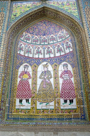 Wall painting in the front site of the Qavam House, Shiraz, Iran. It depicting 3 Qajari figures....