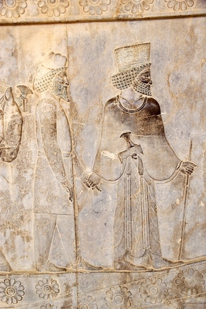 Details of a relief on the stairs of the ruins of the Apadana Palace at Persepolis  Persepolis is situated 70 km northeast of Shiraz, Iran, and was the capital of the Achaemenid Empire  550-330 BC   The earliest remains of Persepolis date from 515 BCのeditorial素材