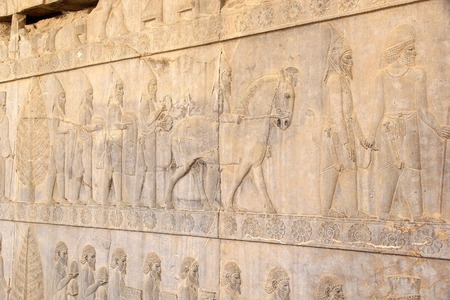 Details of a relief on the stairs of the ruins of the Apadana Palace at Persepolis  Persepolis is situated 70 km northeast of Shiraz, Iran, and was the capital of the Achaemenid Empire  550-330 BC   The earliest remains of Persepolis date from 515 BCのeditorial素材