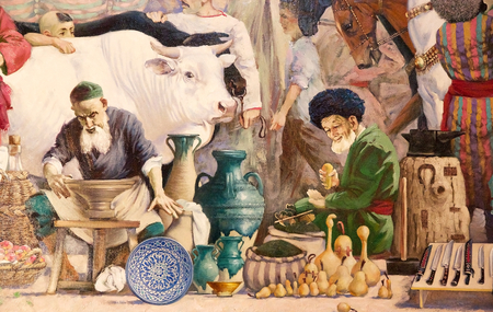 Details of the old painting that show the lifestyle in the ancient Khiva, Uzbekistan. Khiva was the capital of the ancient Khwarezmia and the Khanate of Khiva. The town was on the old Silky Road.のeditorial素材