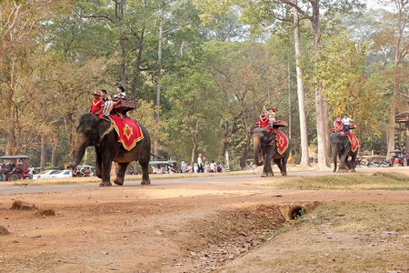 Tourist are going to Bayon by elephants from Angkor Thom South gate, Siem Reap, Cambodia. Angkor Thom was the last and most enduring capital of Khmer Empire and covers an area of 9 Kmsq within which are located several monumentsのeditorial素材