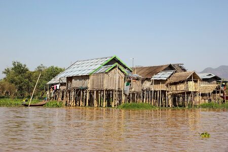 Village with traditional wooden stilt houses on the Lake Inle, Shan State, Myanmar.のeditorial素材