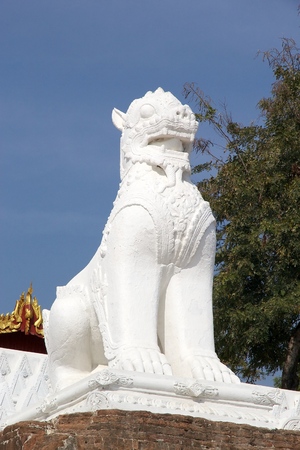 Details of the lion guardian sculpture of the stairway leading up from the Irrawaddy river banks to MIngun Pahtodawgy  Mingun, Myanmar. The Mingun Pahtodawgy is an incomplete stupa. The ruins are the remains of a massive construction project begun by Kingの写真素材