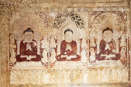 Mural painting in the Thambula Temple, Bagan, Myanmar. Thambula Temple was built in 1255 and takes...