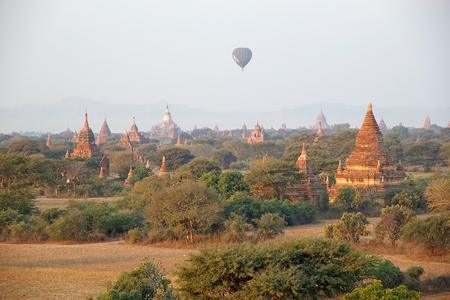 Hot air balloon over the ruins of Bagan, Bagan, Myanmar. のeditorial素材
