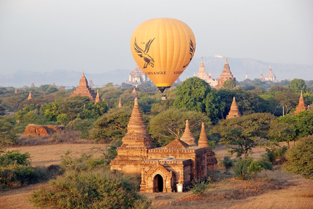 Hot air balloons over the ruins of Bagan, Bagan, Myanmar.のeditorial素材
