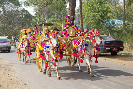 Carriage at the Shinbyu procession in a village along the road to Mount Popa, Myanmar. Shinbyu is...