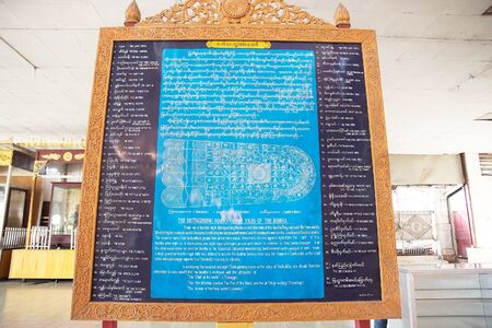 Description panel of the marks on the feet of giant reclining Buddha at the Chaukhtatgyi Buddha Temple, Yangon, Myanmar. The temple houses one of the most revered reclining Buddha in the Country. The Buddha image was 66 metres long and one of the largest のeditorial素材
