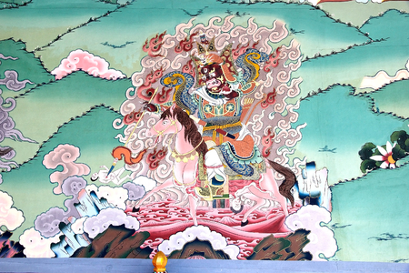 Thangka, mural painting, at the Trashi Chhoe Dzong, Thimphu, Bhutan. Trashi Chhoe Dzong is a Buddhist monastery and fortress on the northern edge of the city of Thimphu. Thangka is a Tibetan buddhist painting usually depicting a Buddhist scene, deity or mのeditorial素材