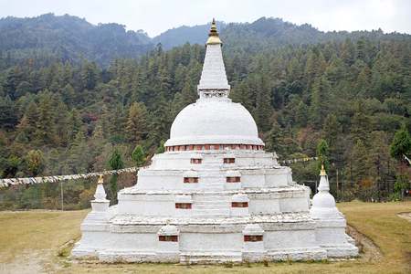 Chorten Kharo Casho, Chendebji, Bhutan. The chorten was built in 19th century by Lama Shida and it is 41 km away from Trongsa and just 2 km from Chendebji village.の写真素材