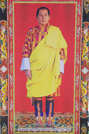 The 4th King of Bhutan, Jigme Singye Wangchuck, image at the Yutong La Pass, Bhutan. The 4th King of Bhutan was born in 1955 and was King from 1972 since his abdication in favour of his oldest son, in 2006. The pass is a 3425 metres high.のeditorial素材