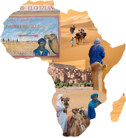 African map with desert and berber men in traditional clothesのeditorial素材