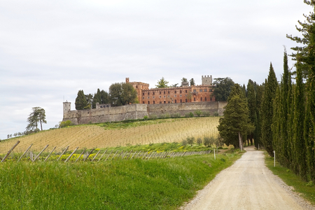 The Castello di Brolio in Gaiole in Chianti, Tuscany, Italy. It is a rural castle, palace and gardens and it has belonged to the Ricasoli family for nearly 800 years. The site was mainly known for its surrounding wine manifacture.のeditorial素材