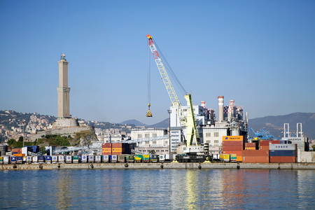 The lighthouse, called Lanterna, at the port of Genoa, Italy. The Port of Genoa is the major italian seaport in the Mediterranean sea. The lighthouse was rebuilt in current shape in 1543.のeditorial素材