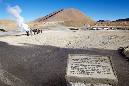 Tourists are visiting the El Tatio geysers, Chile. El Tatio is a geyser field located in the northern Chile. It is the largest geyser field in the southern hemisphere and the third geyser field in the world.のeditorial素材