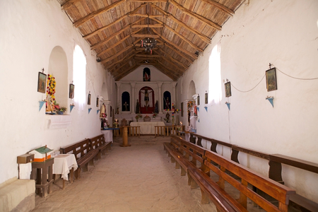 Interior of the San Francisco de Chiu Chiu church at the Chiu Chiu village, Chile. It was built in 16th century. The village is 30 km from Calama, in the calama province in Northern Chile, in the Antofagasta Region.のeditorial素材