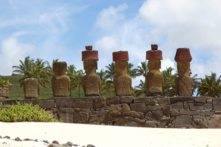 Moai, Ahu Nao Nao at the Anakena beach, Easter Island, Rapa Nui, Chile. Easter Island is a Chilean island in the southeastern Pacific Ocean. It is famous for its 887 extant monumental statues called moaiの写真素材