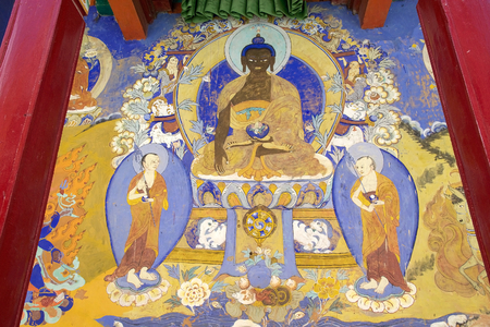 Painting at the Thiksey Monastery in Ladakh, India. It is located on top of a hill in Thiksey villageのeditorial素材
