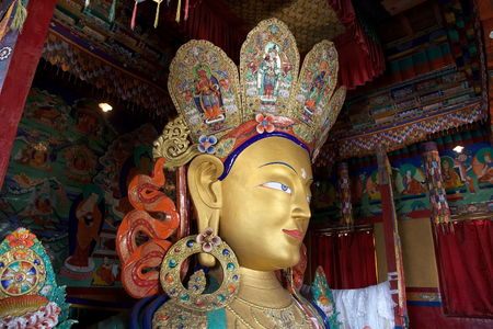 Statue of Maitreya Buddha in the Thiksey Monastery in Ladakh, India. It is located on top of a hill in Thiksey villageのeditorial素材