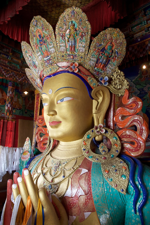 Statue of Maitreya Buddha in the Thiksey Monastery in Ladakh, India. It is located on top of a hill in Thiksey villageのeditorial素材
