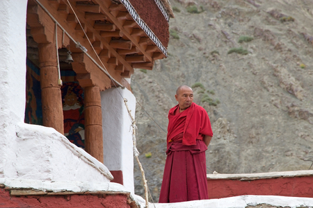 Buddhist monk at the Rizong Monastery, Ladakh, India. It is a Buddhist monastery at the top of rocky side valley on the north side of the Indus, north of Alchi on the way to Lamayuru. The monastery was built in 1831, before the place was a hermitageのeditorial素材
