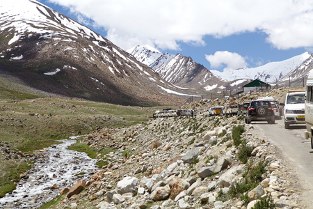 The road from the Nubra Valley to Khardung Pass in Ladakh, India. The Khardung Pass is the higest vehicle accessible pass in the world.のeditorial素材
