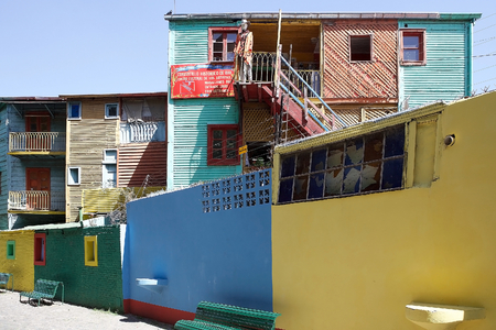 Brightly painted houses along the Caminito, a walkway, in La Boca in Buenos Aires, Argentina. La Boca is a neighbourhood, barrio of Argentine capital, in Buenos Airesのeditorial素材