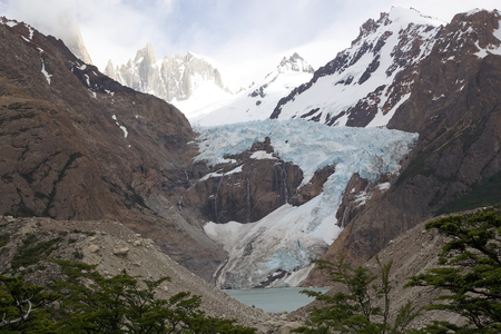 Mount Poicenot and Glacier Piedras Blancas at the Los Glaciares National Park, Argentina. It is near a Mount Fitz Roy among the most technically challenging mountains for mountaineers on Earthの写真素材