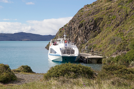 Tourist boat to Paine Grande hut at the Lake Pehoe in Torres del Paine National Park in Magallanes Region, southern Chile.のeditorial素材