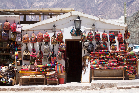 Textile shop in Purmamarca, Jujuy Province, Argentina. Purmamarca is located at the Quebrada de Purmamarca considered part of the Quebrada de Humahuacaの写真素材