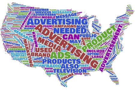 Advertising United States map word cloud on the isolated background