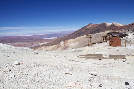 Mina Julia in Salta Province at the Puna de Atacama in northwestern Argentina. Mina Julia is a ghost mine of sulfur at 5500 meters above the sea level, 25 km away fron Mina La Casualidad, which extends over the slope of Cerro Estrellaの写真素材