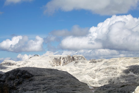 Landscape in the Sella group in the Dolomites. the Dolomites are a mountain range in northeastern Italy. They form part of the Southern Limestone Alps and extend from the River Adige in the west to the Piave Valley in the east.の写真素材
