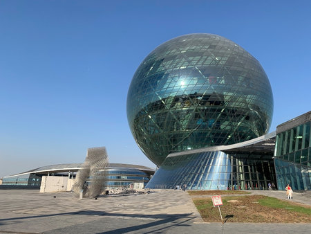Sphere at the Central Downtown Astana, Nur-Sultan, Kazakhstan. The city lies on the banks of the Ishim River in the north-central part of Kazakhstanの写真素材