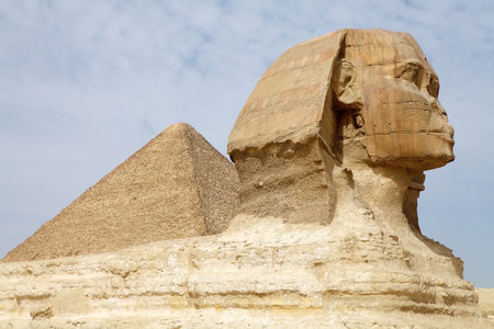The Great Sphinx and the Great Pyramids in Giza, Egypt. They were built during the Fourth Dynasty of...