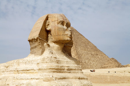 The Great Sphinx and the Great Pyramids in Giza, Egypt. They were built during the Fourth Dynasty of the Old Kingdomの写真素材