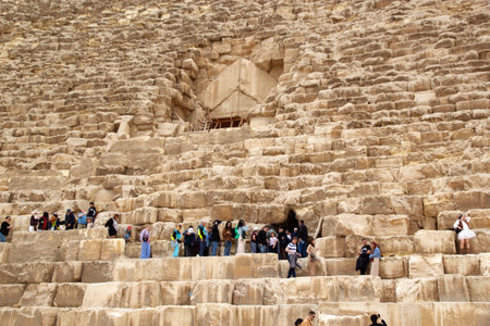 Entrance at the Great Pyramid in Giza pyramid complex, Egypt. It was built during the Fourth Dynasty...