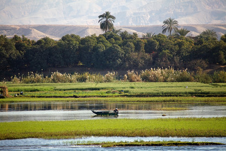 Landscape along the Nile river between Luxor and Aswan, Egypt. Landscape and fishermanの写真素材