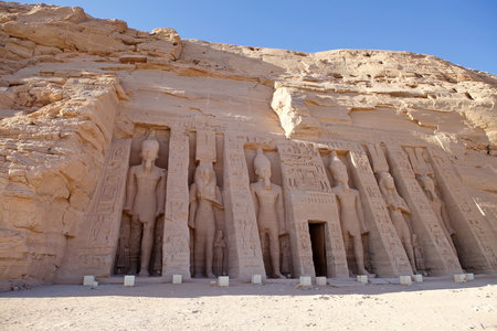 The Small Temple of Hathor and Nefertari in the village of Abu Simbel. Abu Simbel is a historic site...
