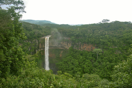 Tall tropical waterfall plunging from lush green cliff into rainforest valley.の写真素材