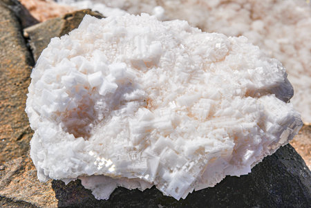 White salt crystals forming a natural geometric structure on a rock in sunlight.の写真素材