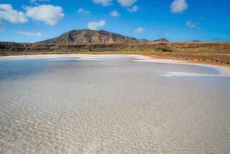 Shallow salt lake with transparent water and dry mountains in the background under blue sky.の写真素材