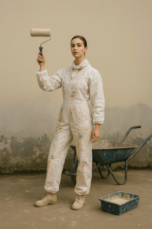 Young woman in paint-splattered overalls holding a paint roller, standing next to a wheelbarrow and paint tray against a weathered wall.の素材