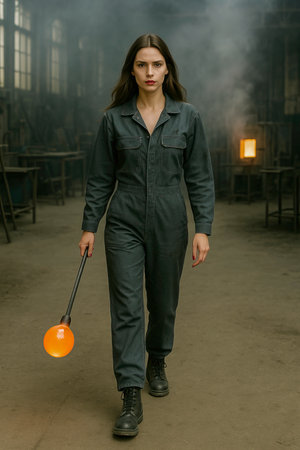 Focused woman in a dark jumpsuit and work boots walking through a smoky glassblowing workshop, holding a rod with molten glass, surrounded by industrial heat and soft ambient light.の素材