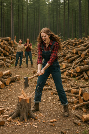 Energetic woman in overalls and a plaid shirt splitting a log with an ax in a forest, surrounded by stacks of chopped wood, with two cheering friends in the background.の素材