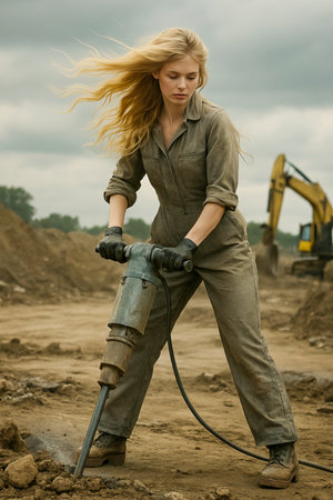 Blonde woman in a dirty brown jumpsuit using a jackhammer on a construction site, with strong wind and excavators in the background.の素材