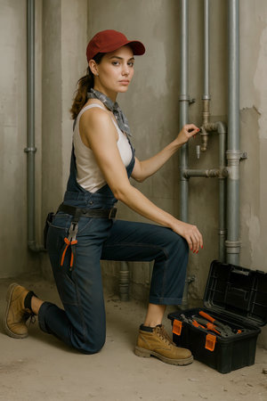 Female plumber in overalls and a red cap kneeling beside exposed pipes, adjusting a valve with a toolbox full of tools beside her.の素材